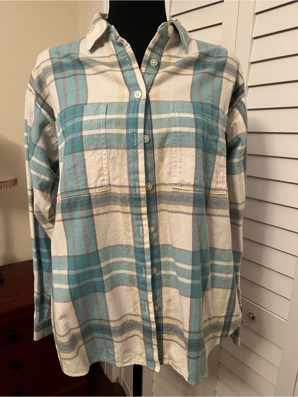 LOFT Teal and Cream Plaid Button-Down Shirt